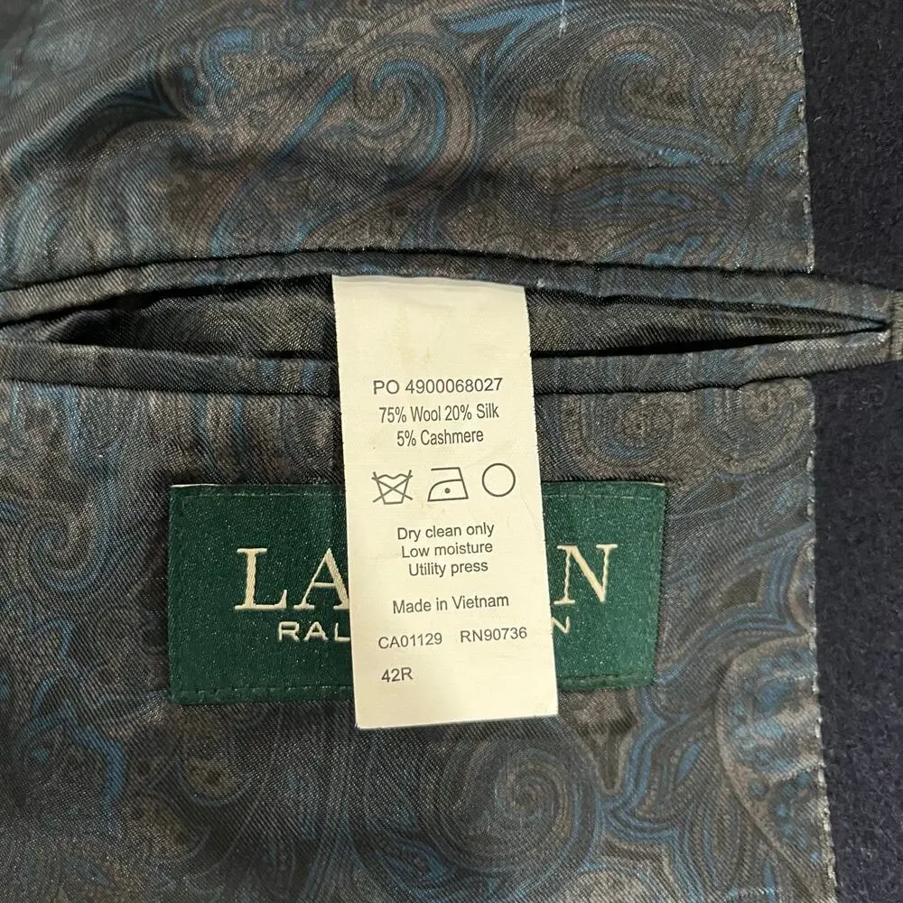 Lauren Ralph Lauren Navy Two Button Wool Silk Cashmere Blazer Mens Size 42R